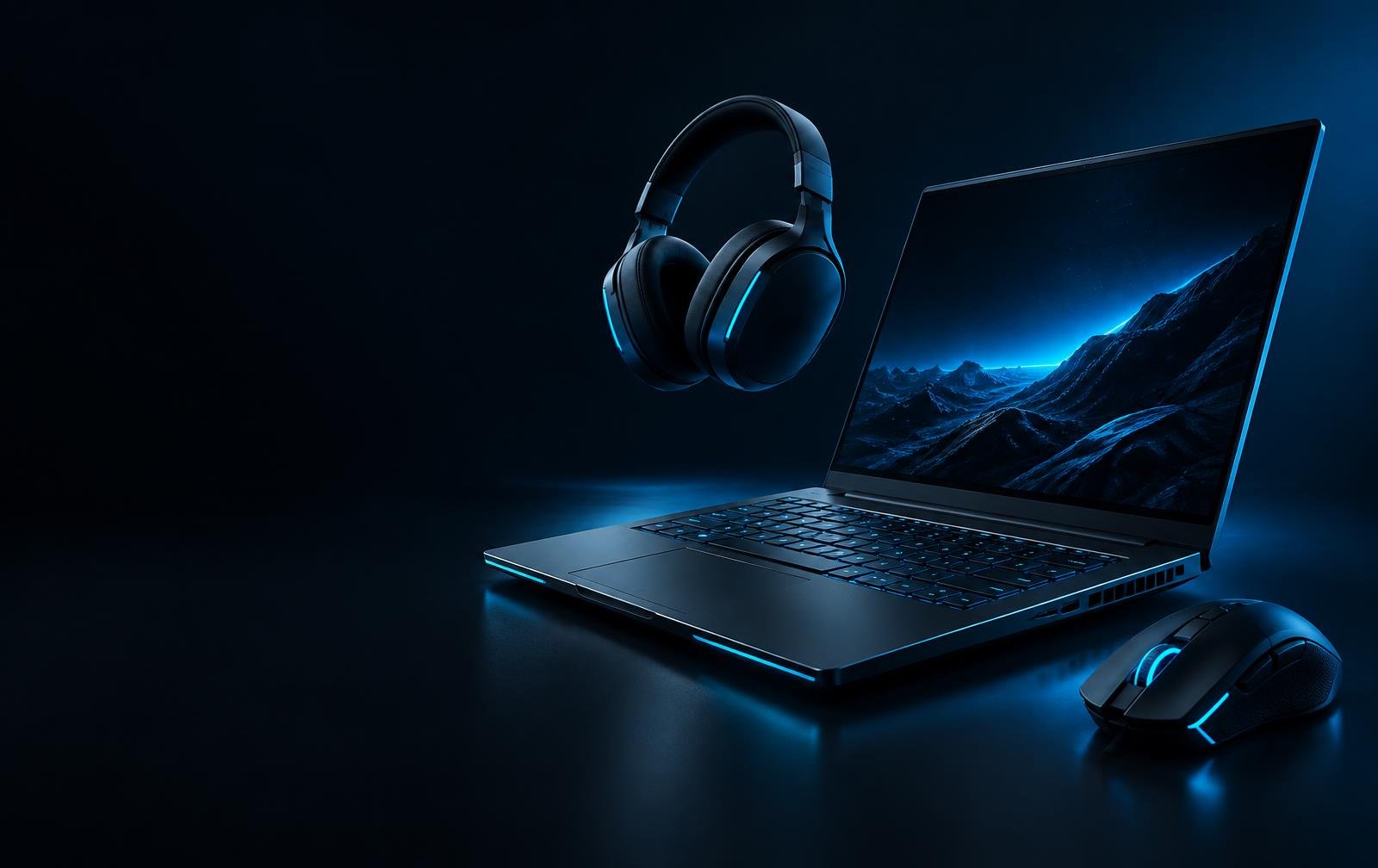 Gaming laptop, headphones, and mouse in a dark studio